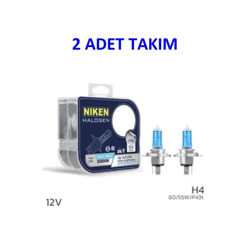 NIKEN 2 ADET TAKIM FAR AMPULÜ 12V H4 60 55W BEYAZ IŞIK AMPUL P43t 5000K
