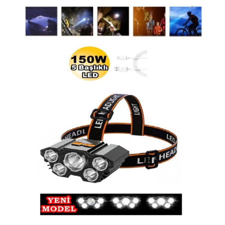 KAFA LAMBA FENER 150W ULTRA GÜÇLÜ 5 LED ŞARJLI AVCI BALIKÇI KAMP TAMİR VS.
